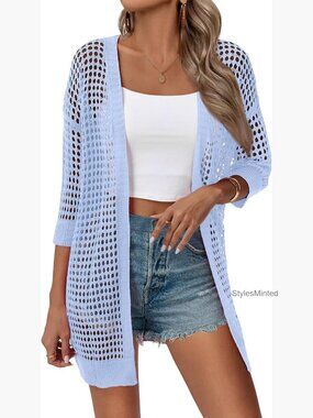 Lightweight Crochet Cardigan Open Front Boho Kimono Short Sleeve Summer Sweater